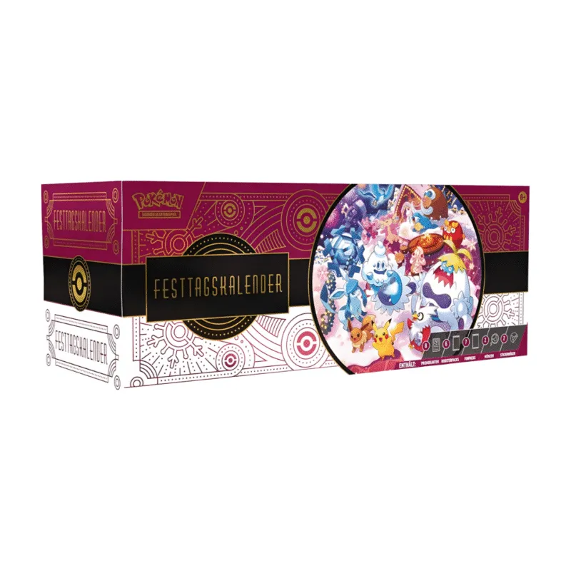 Pokémon TCG Festtagskalender 2025 mit exklusiven Promo-Karten, Boostern, Funpacks, Münzen, Stickerbögen und Kumpel-Anhänger