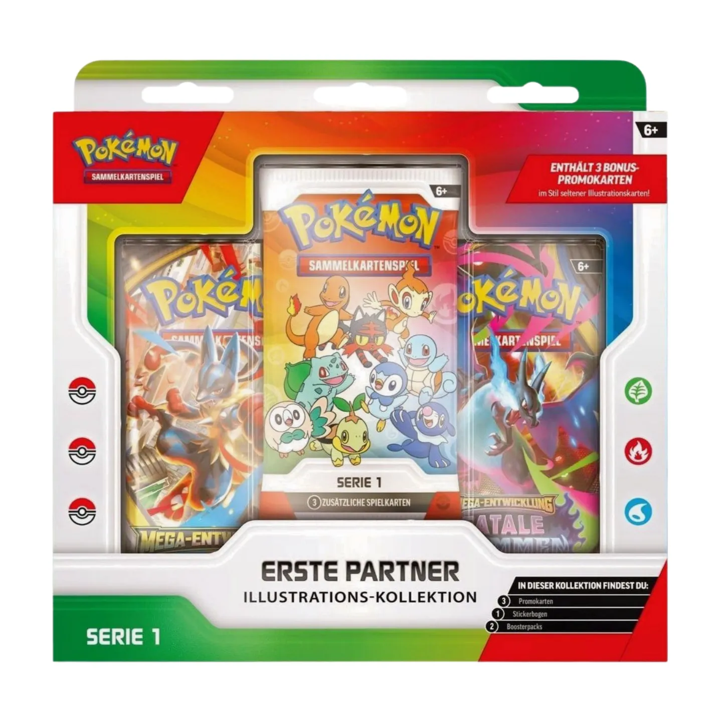 Pokémon Erste-Partner-Kollektion (deutsch) in OVP, zeigt die Promokarten der Starter-Pokémon aus Kanto, Sinnoh und Alola im Illustrations-Stil.