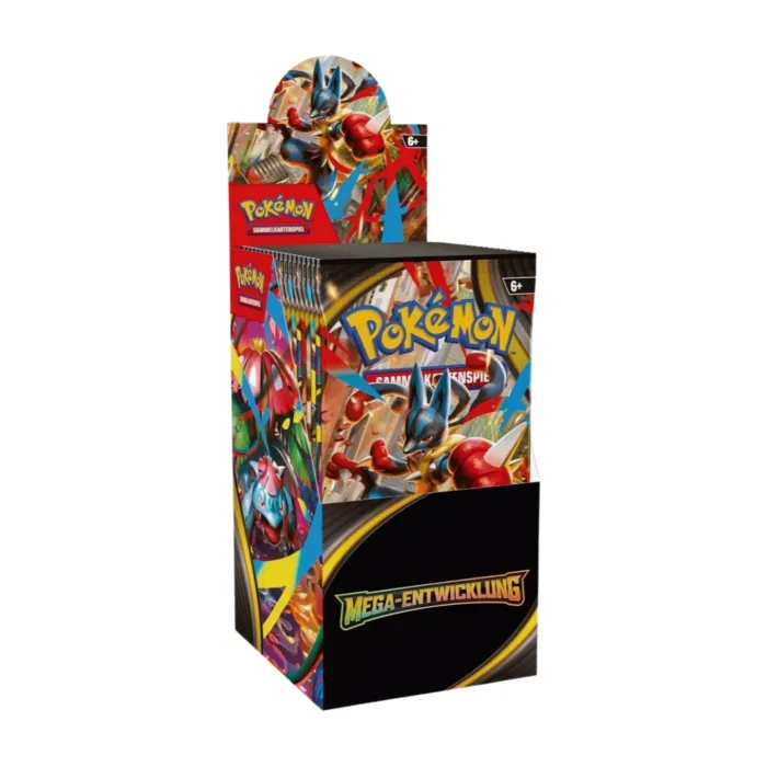 Pokémon Mega Entwicklung 18er Display (deutsch) mit 18 Boosterpacks, versiegelt und originalverpackt, zeigt das Set-Artwork mit Mega-Lucario-ex.