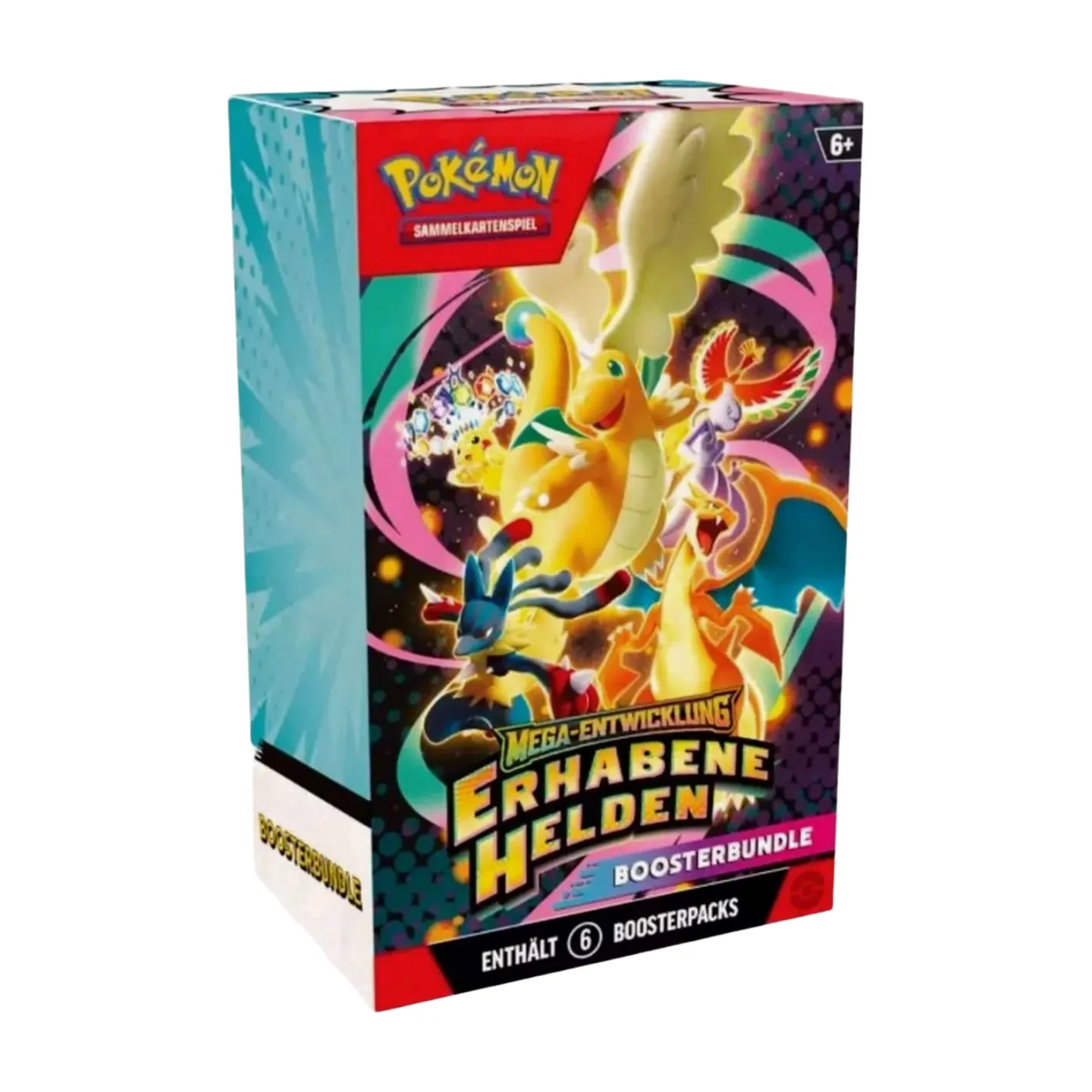 Pokémon Mega-Entwicklung Erhabene Helden Booster Bundle (deutsch), versiegelt und originalverpackt, zeigt sechs Boosterpacks der Erweiterung.