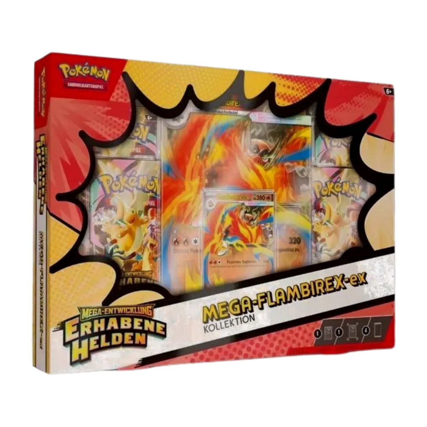 Pokémon Mega-Entwicklung Erhabene Helden Mega-Flambirex-EX Kollektion (deutsch), versiegelt und originalverpackt, zeigt Mega-Flambirex-ex Promokarte, Jumbo-Wackelbildkarte und Boosterpacks.