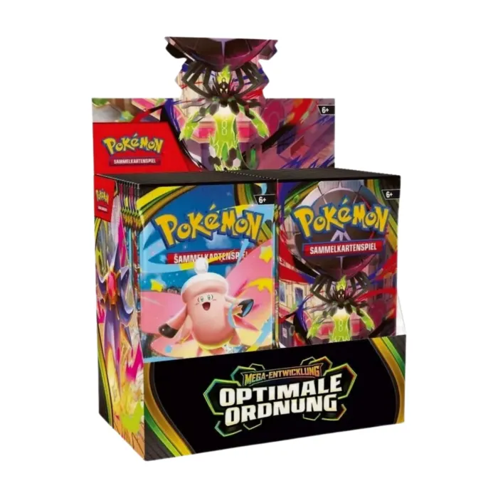 pokemon-mega-entwicklung-optimale-ordnung-display-36-booster-deutsch-sealed-tcg.jpg Pokémon Mega-Entwicklung Optimale Ordnung Display (deutsch) mit 36 Boosterpacks, versiegelt und originalverpackt, zeigt das Set-Artwork.