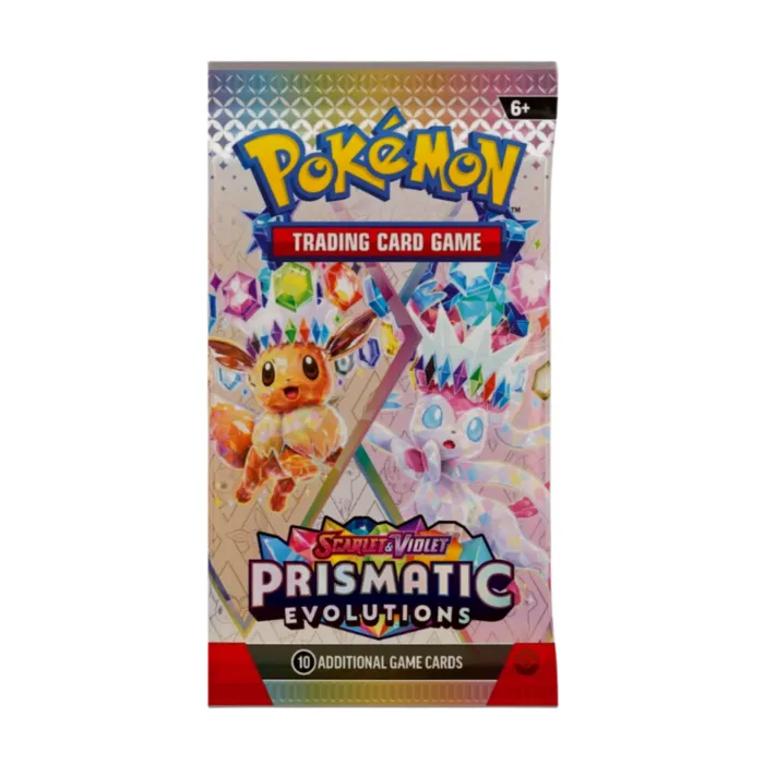 Pokémon Scarlet & Violet – Prismatic Evolutions Booster Pack (English) with artwork of Eevee and its Evolutions, sealed and original packaging