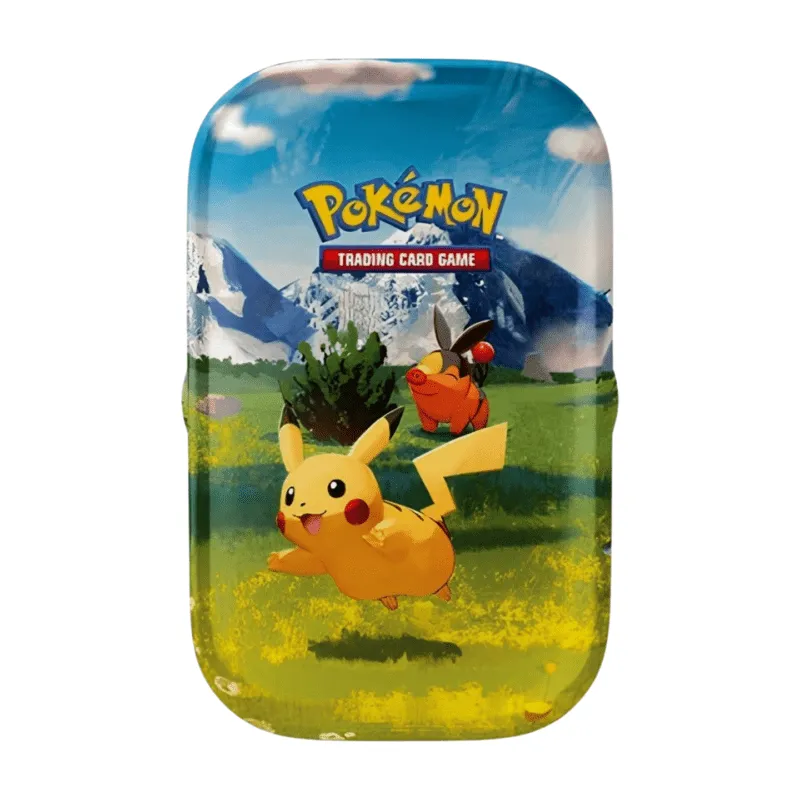 Pokémon Mega Evolution Eminent Heroes Mini Tin Pikachu & Tepig (English), sealed and original packaging, showing Pikachu and Tepig artwork, booster packs, and art card.
