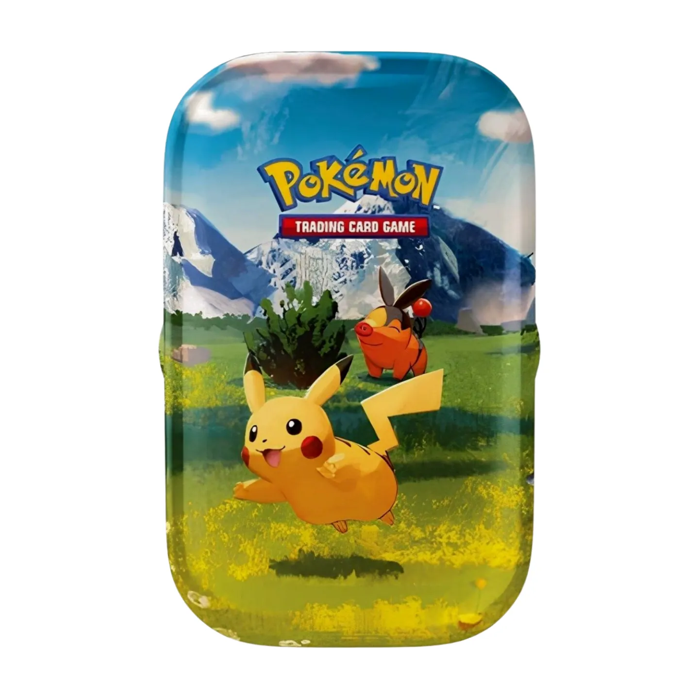 Pokémon Mega Evolution Eminent Heroes Mini Tin Pikachu & Tepig (English), sealed and original packaging, showing Pikachu and Tepig artwork, booster packs, and art card.