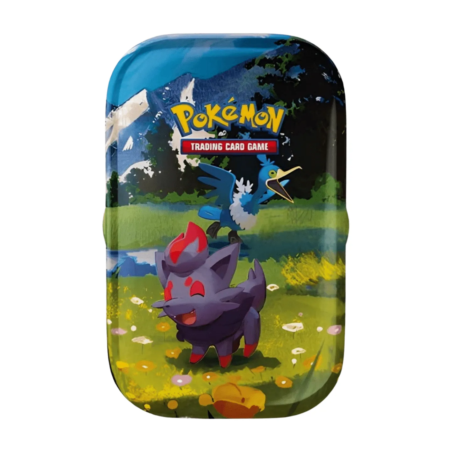 Pokémon Mega Evolution Eminent Heroes Mini Tin Zorua & Cramorant (English), sealed and original packaging, showing Zorua and Cramorant artwork, booster packs, and art card.