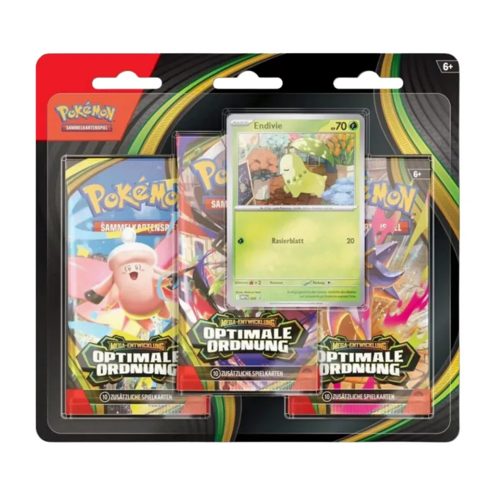 Pokémon Mega-Entwicklung Optimale Ordnung 3-Pack Blister (deutsch) mit Endivie Promokarte, zeigt drei Boosterpacks und die Promokarte, versiegelt und originalverpackt.