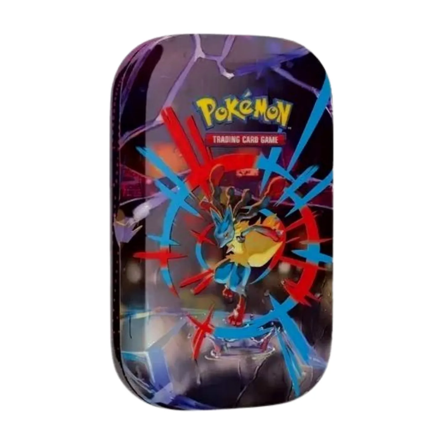 Pokémon Mega Evolution Mega-Lucario Mini Tin (English), sealed and original packaging, showing Mega-Lucario artwork, booster packs, and sticker sheet.