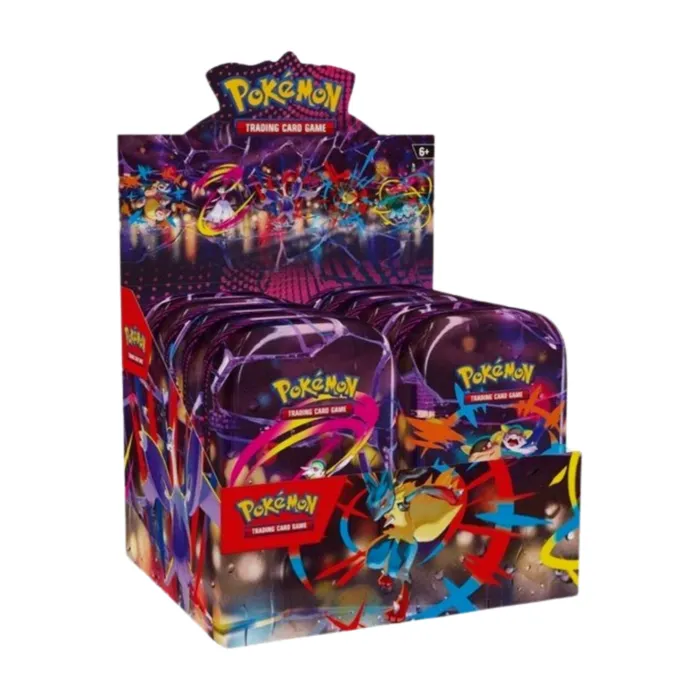 Pokémon Mega Evolution Mini Tin Display sealed (English), showing the full display box with 10 individual Mini Tins, each featuring different Mega Evolution Pokémon artwork, and highlighting the contents like booster packs, stickers, and art cards.