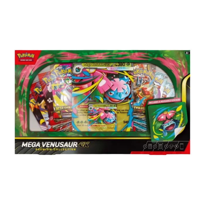 pokemon-phantasmal-flames-mega-venusaur-ex-premium-collection-english-sealed-tcg-love.jpg Pokémon Phantasmal Flames Expansion Mega Venusaur EX Premium Collection (English), sealed and original packaging, showing the holographic Mega-Venusaur-ex promo card, the oversized lenticular card, the Tech Sticker, and the 8 booster packs.