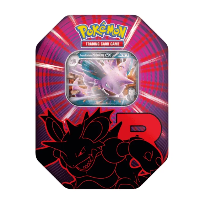 pokemon-team-rocket-nidoking-ex-tin-box-2025-deutsch-sealed-tcg.jpg Pokémon Team Rocket: Nidoking ex Tin Box 2025 (deutsch), versiegelt und originalverpackt, zeigt holografische Nidoking-ex Promokarte und Boosterpacks.