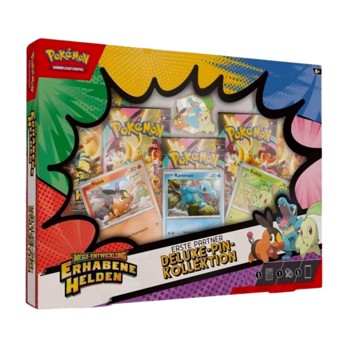 pokemon-erhabene-helden-deluxe-pin-kollektion-erste-partner-deutsch-sealed-tcg-love.jpg Pokémon Erhabene Helden Deluxe-Pin-Kollektion - Erste Partner (Deutsch), versiegelt und originalverpackt, zeigt die 3 Promokarten, den Sammler-Pin und die 5 Erhabene Helden Boosterpacks.