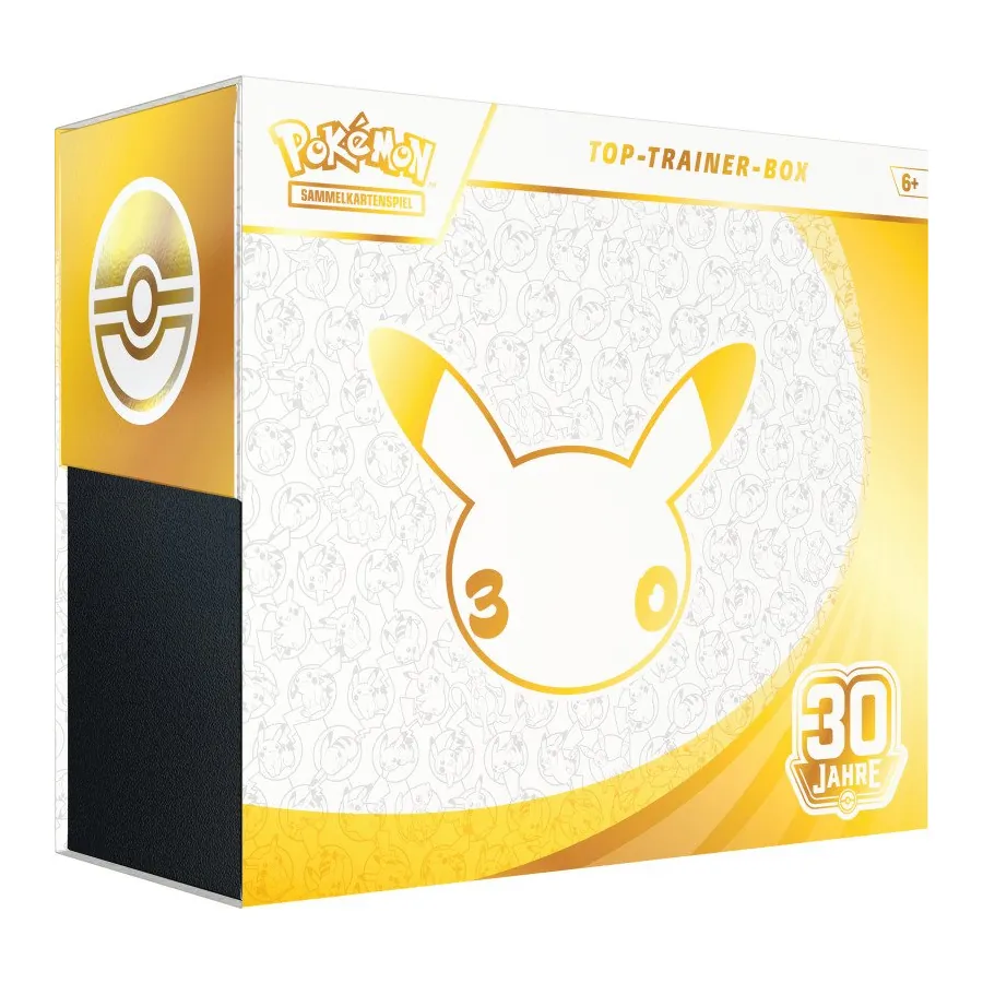 Pokémon 30 Jahre Top-Trainer-Box (Deutsch), originalverpackte goldene Jubiläums-Box mit Pikachu-Silhouette, 9 Boostern und Nidorina Promokarte.