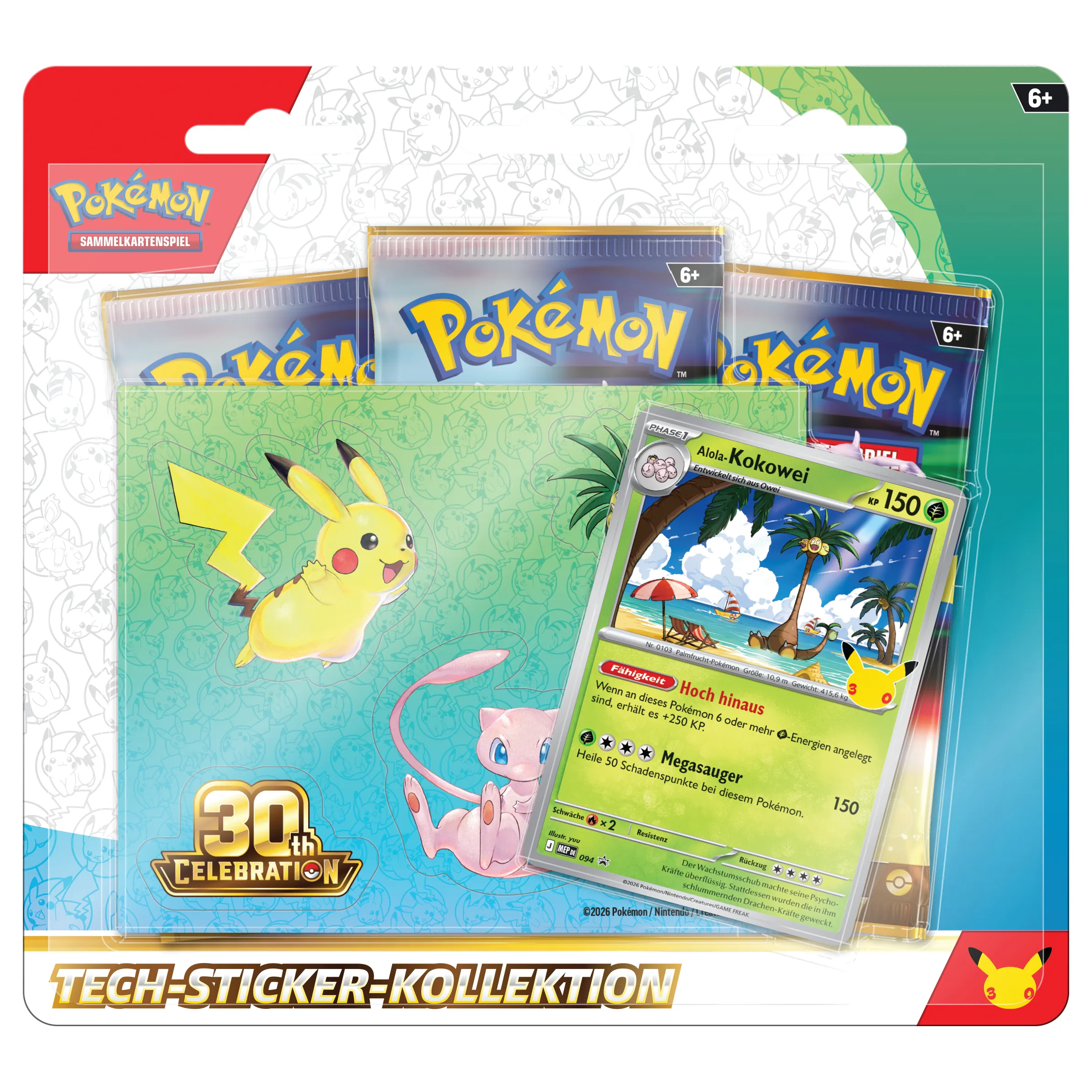 Pokémon 30 Jahre Tech-Sticker-Kollektion: Alola-Kokowei (Deutsch), originalverpacktes Blister-Set mit 3 Jubiläums-Boostern, Tech-Stickern und der Alola-Kokowei Promokarte.