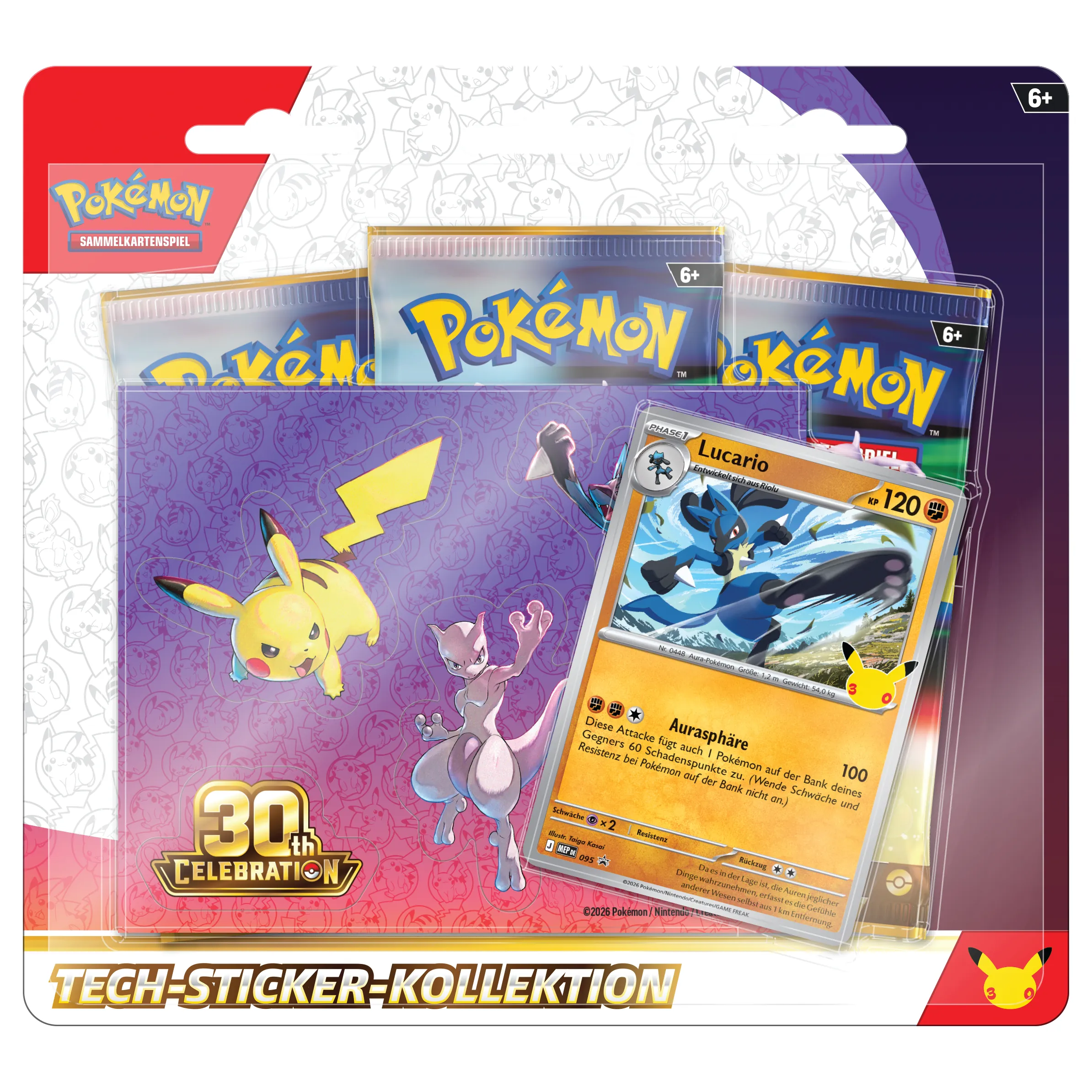 Pokémon 30 Jahre Tech-Sticker-Kollektion: Lucario (Deutsch), originalverpacktes Blister-Set mit 3 Jubiläums-Boostern, Tech-Stickern und der Lucario Promokarte.