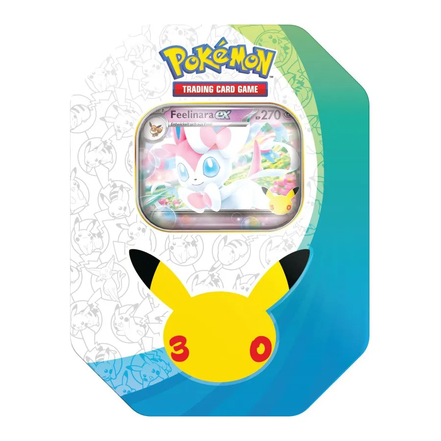 Pokémon 30 Jahre Tin-Box: Feelinara-ex (Deutsch), originalverpackte Jubiläums-Dose im Tag-Design mit Pikachu-Silhouette, 4 Boostern und Feelinara-ex Promokarte.