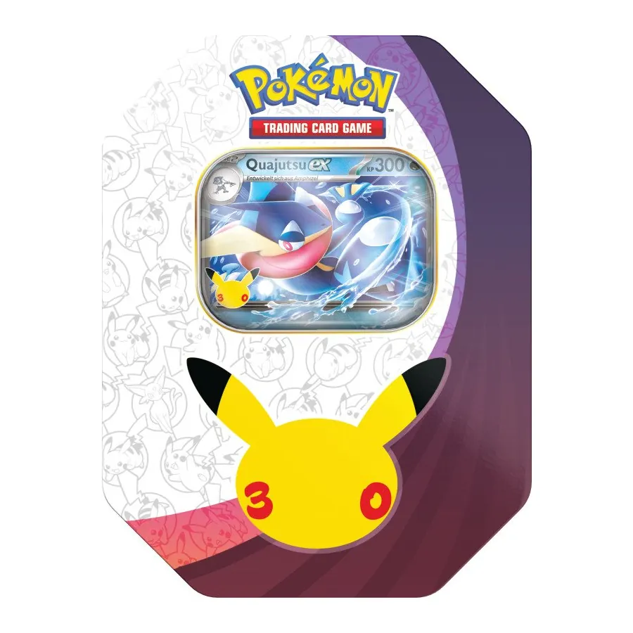 Pokémon 30 Jahre Tin-Box: Quajutsu-ex (Deutsch), originalverpackte Jubiläums-Dose im Nacht-Design mit Pikachu-Silhouette, 4 Boostern und Quajutsu-ex Promokarte.
