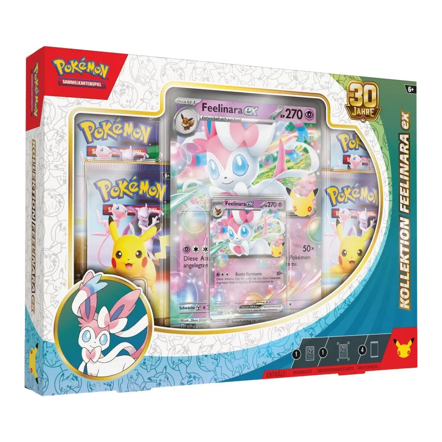 Pokémon 30 Jahre Kollektion: Feelinara-ex (Deutsch), originalverpackte Jubiläums-Box mit 4 Boostern, Feelinara-ex Promokarte und XXL Jumbo-Karte.