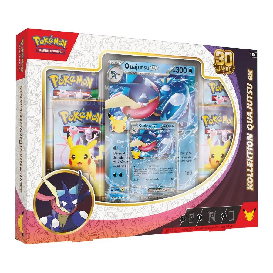 Pokémon 30 Jahre Kollektion: Quajutsu-ex (Deutsch), originalverpackte Jubiläums-Box mit 4 Boostern, Quajutsu-ex Promokarte und XXL Jumbo-Karte.