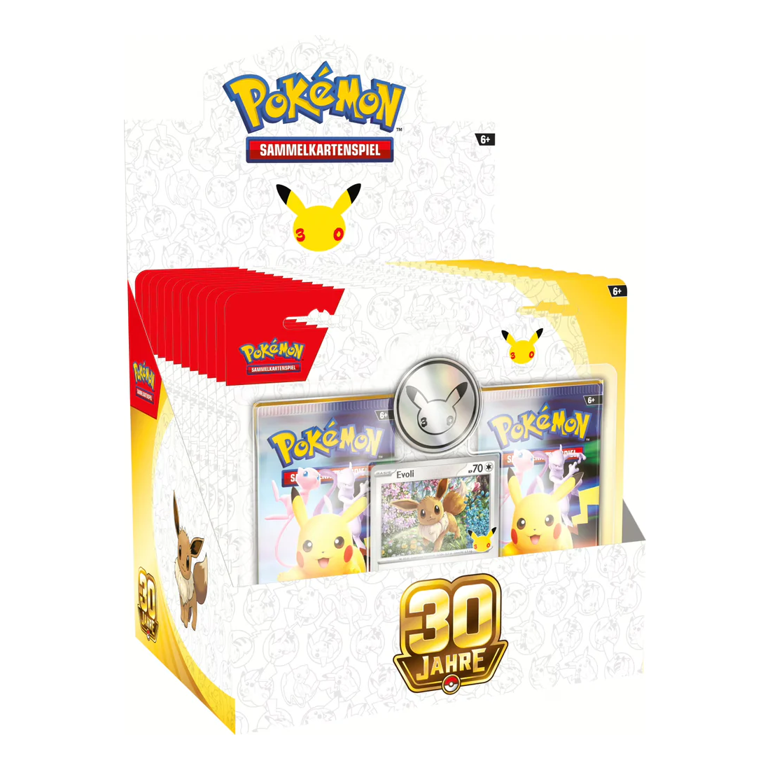 Pokémon 30 Jahre 2er-Pack-Blister Evoli (Deutsch), originalverpackter Blister mit 2 Jubiläums-Boostern, Münze und der Evoli Promokarte.