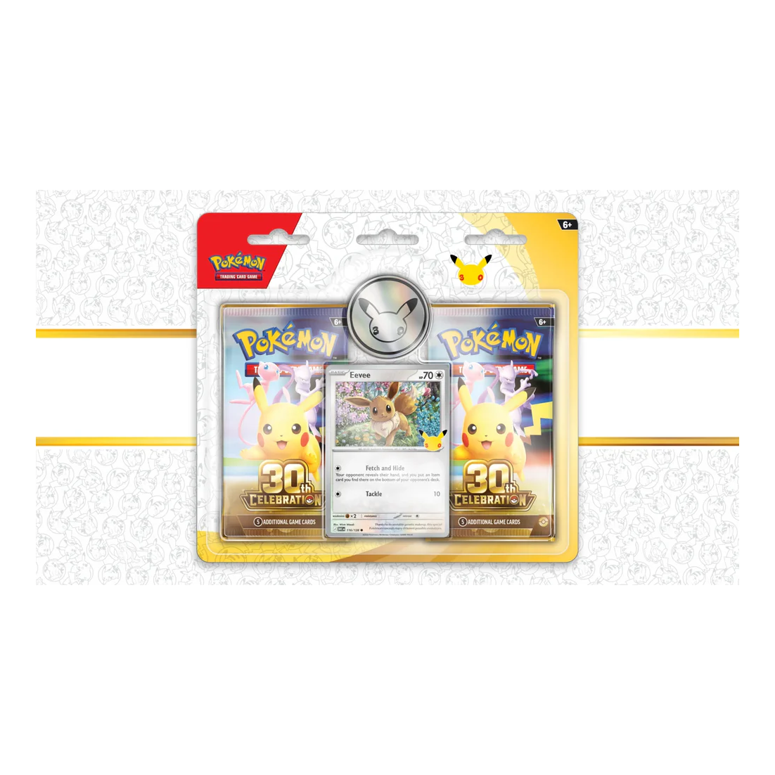 Exclusive 30th Celebration Eevee Blister (English) factory sealed pack featuring 2 booster packs, Eevee promo card and coin.