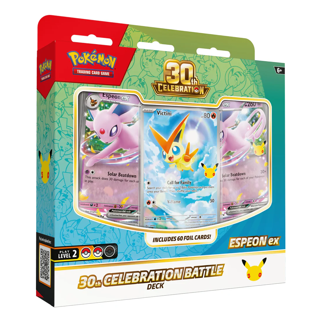 30th Celebration Battle Deck Espeon ex English packaging displaying the holographic Espeon ex and Victini cards.