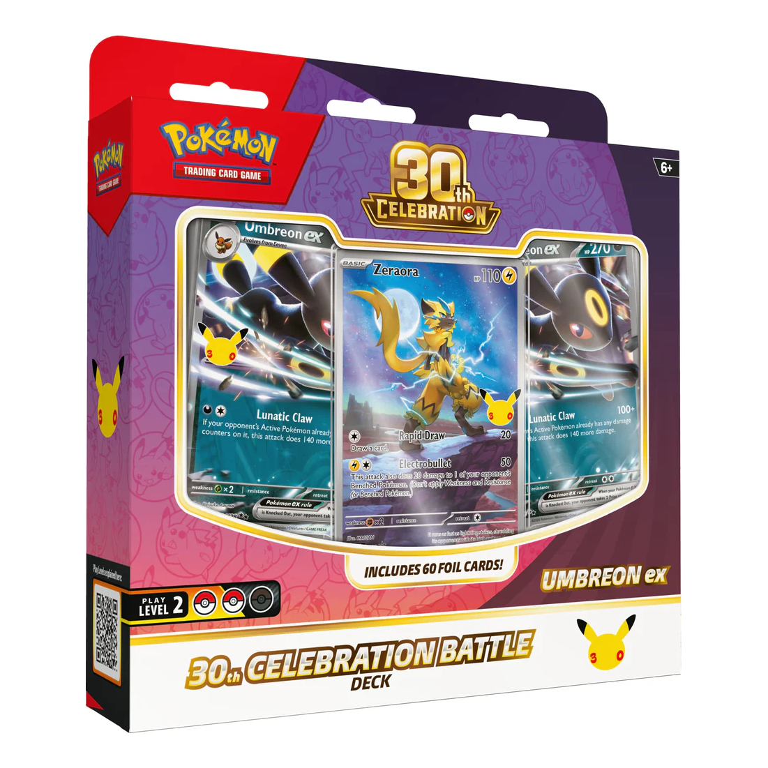 30th Celebration Battle Deck Umbreon ex English packaging showcasing the holographic Umbreon ex and Zeraora promo cards.