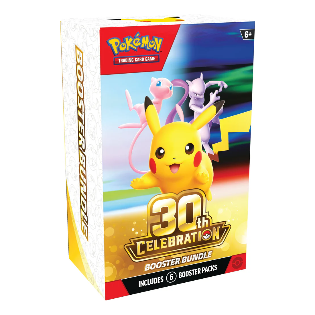 30th Celebration Booster Bundle (English) factory sealed box containing 6 anniversary booster packs featuring Pikachu, Mew, and Mewtwo.