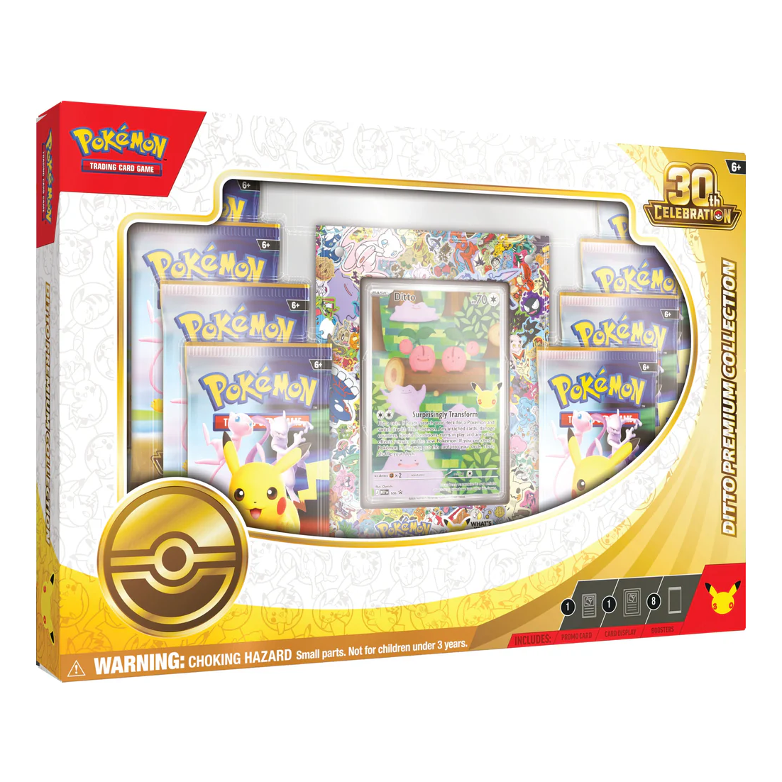 30th Celebration Ditto Premium Collection English box showcasing the holographic Ditto promo card, premium acrylic display, and booster packs.