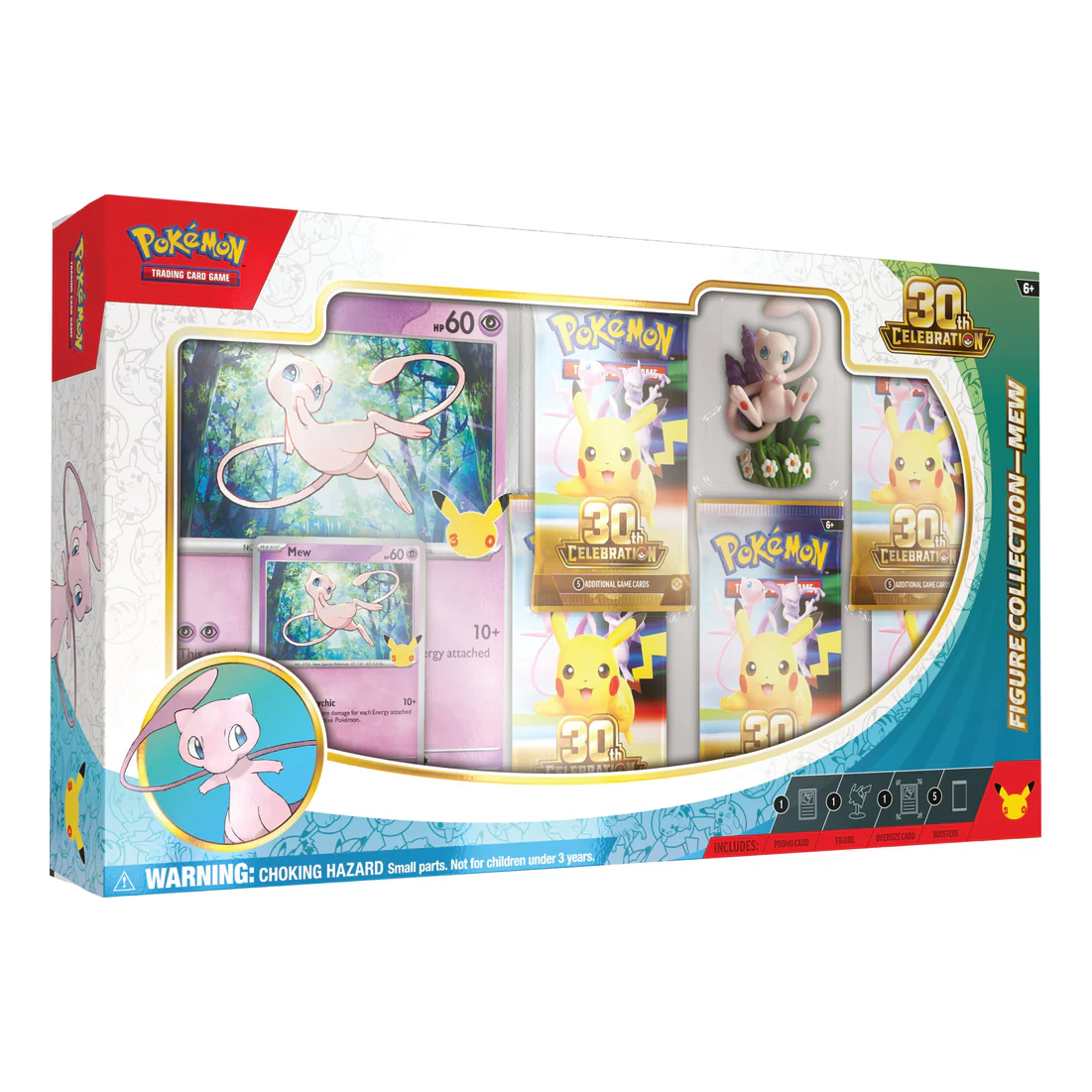 30th Celebration Figure Collection Mew English packaging showcasing the detailed Mew figure with flower base, holographic promo card, and booster packs.