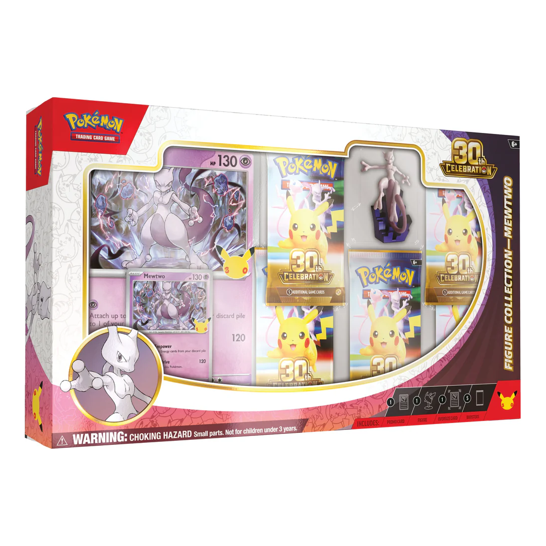 30th Celebration Figure Collection Mewtwo English packaging showcasing the detailed Mewtwo figure, holographic promo card, and booster packs.