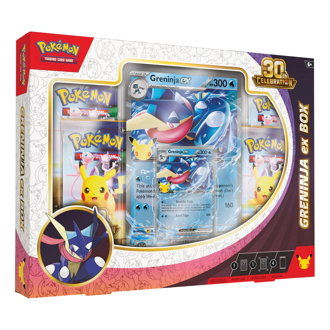 Pokémon 30th Celebration Greninja ex Box (English), factory sealed premium collection featuring 4 booster packs, Greninja ex promo card and an oversize Jumbo card.