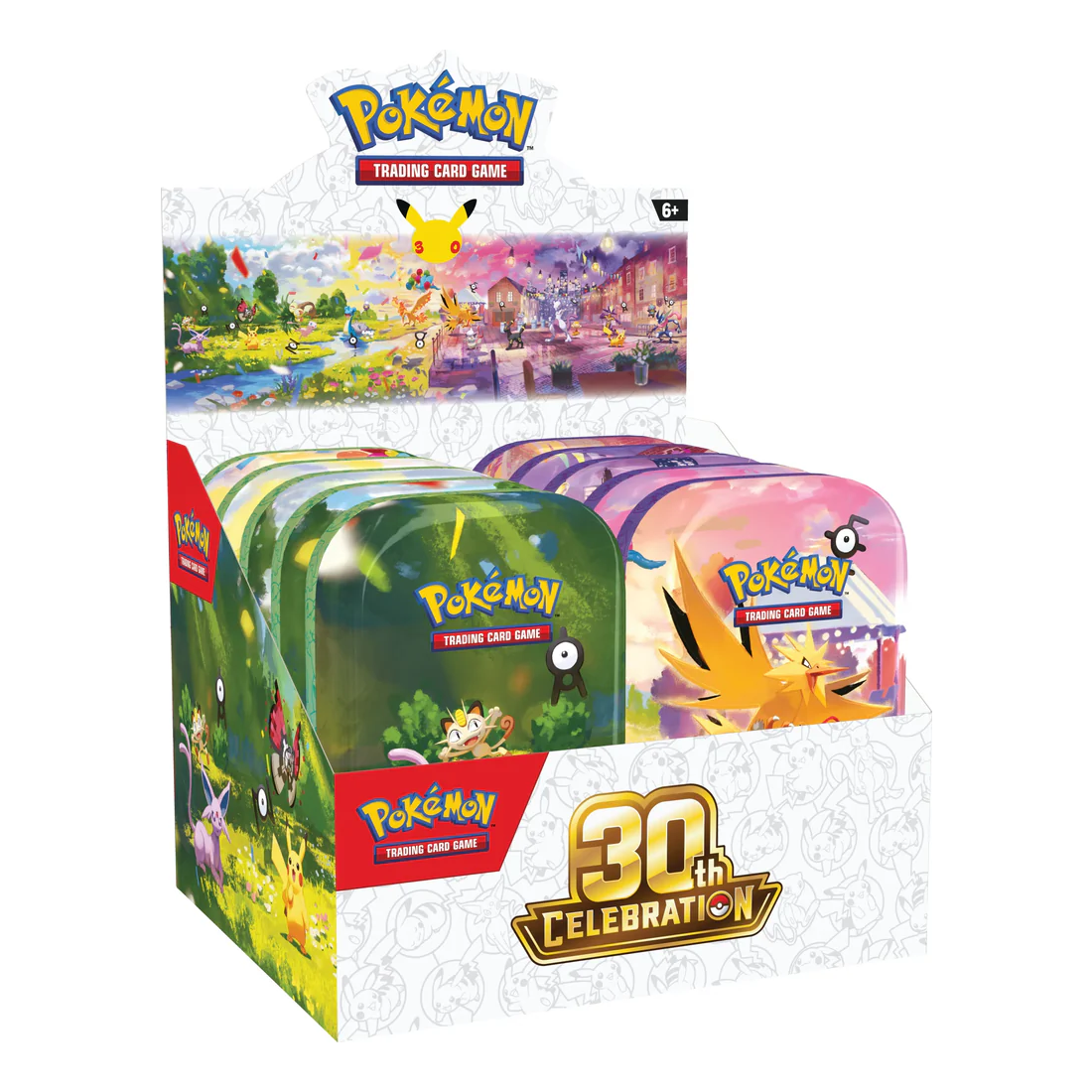 Exclusive 30th Celebration Mini Tin (English) factory sealed display box and individual tins featuring anniversary booster packs.