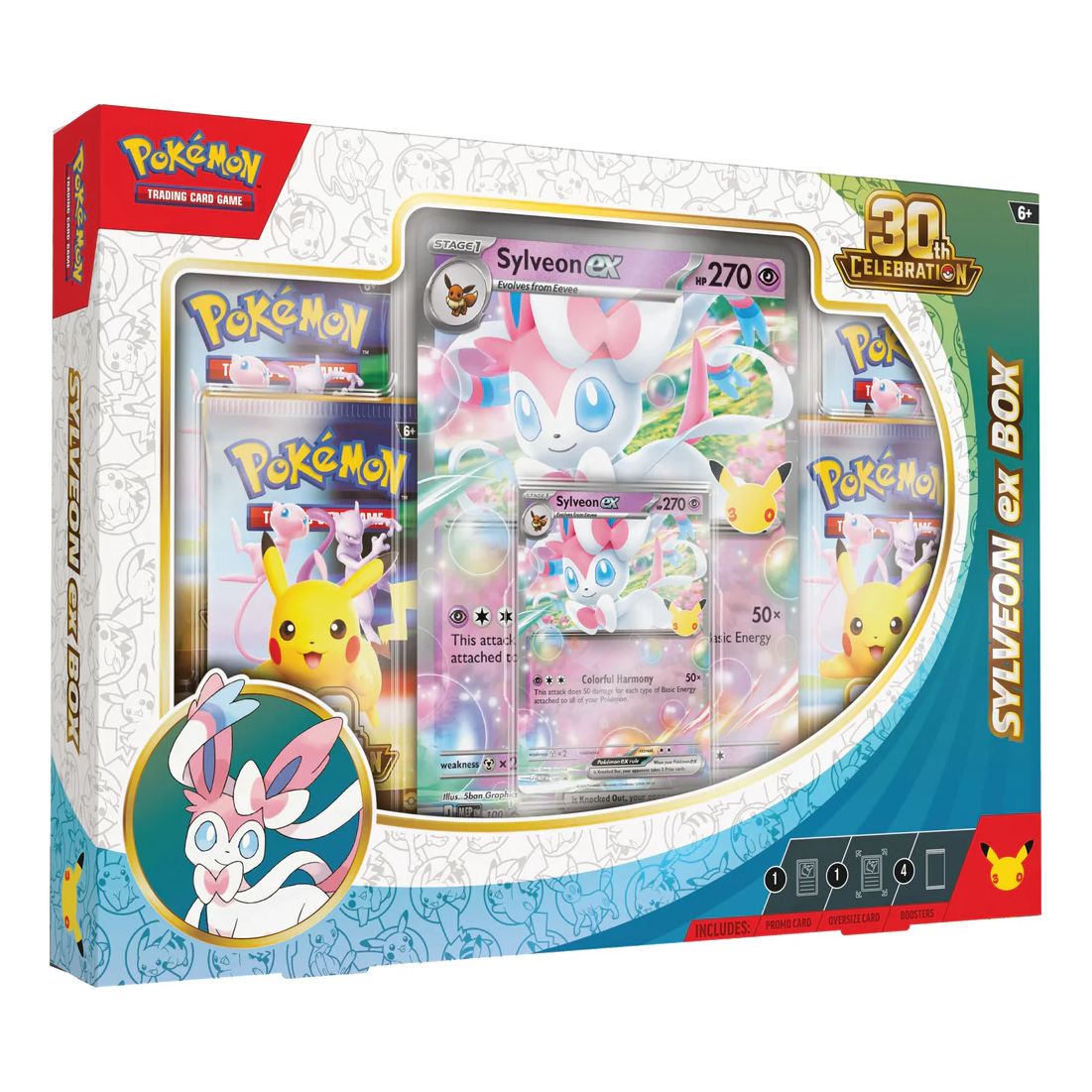 Pokémon 30th Celebration Sylveon ex Box (English), factory sealed premium collection featuring 4 booster packs, Sylveon ex promo card and an oversize Jumbo card.