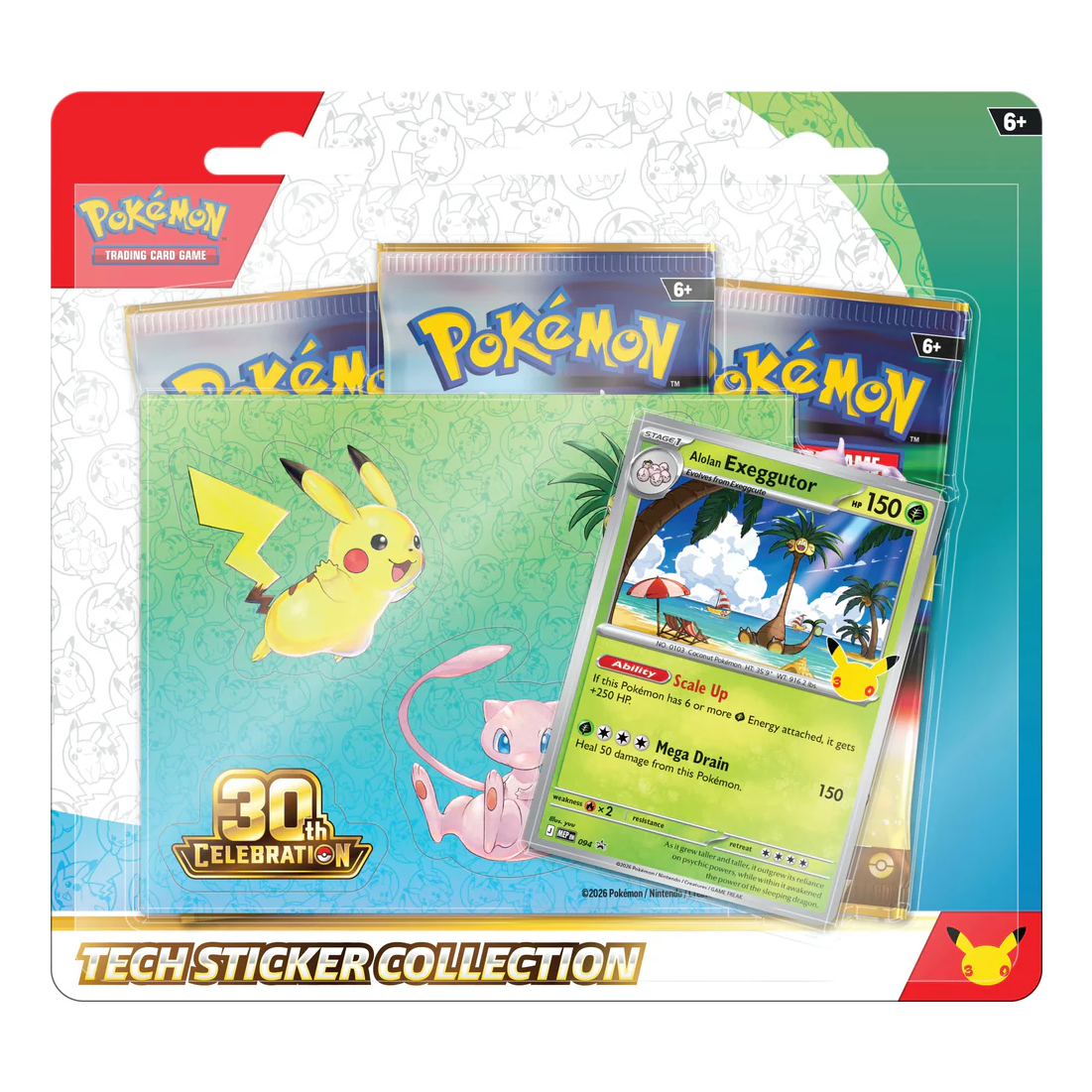 Exclusive 30th Celebration Alolan Exeggutor Sticker Collection (English) factory sealed pack featuring 3 booster packs, promo card and tech sticker sheet.