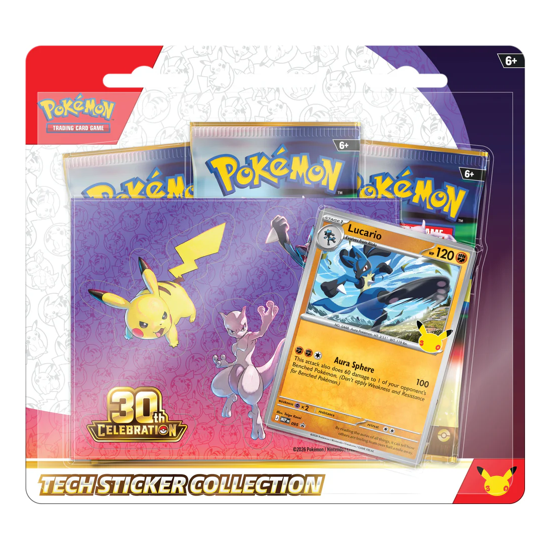 Exclusive 30th Celebration Lucario Sticker Collection (English) factory sealed pack featuring 3 booster packs, Lucario promo card and tech sticker sheet.