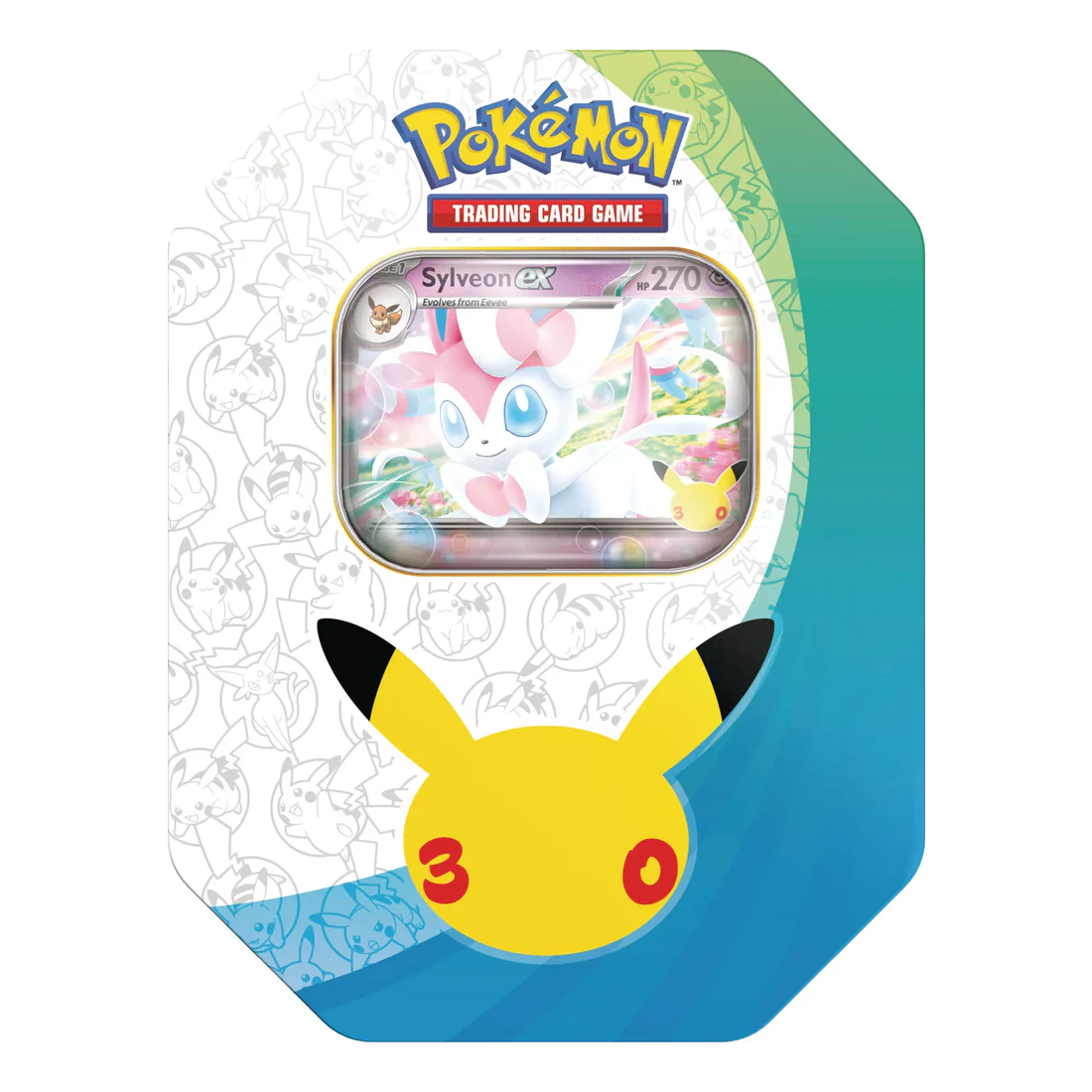 Exclusive 30th Celebration Sylveon Tin (English) factory sealed metal collector's tin featuring 4 booster packs and promo.