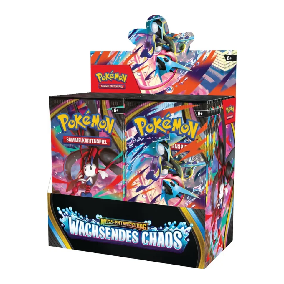 Original versiegeltes Pokémon ME04 Mega Entwicklung Wachsendes Chaos Booster Display in deutscher Sprache.