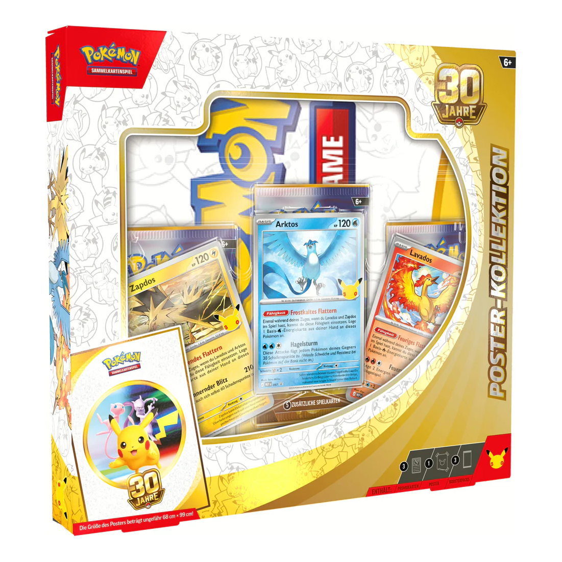 Pokémon 30 Jahre Poster-Kollektion (Deutsch), originalverpackte Jubiläums-Box mit riesigem Poster, 3 Boostern und Promokarten von Arktos, Zapdos und Lavados.